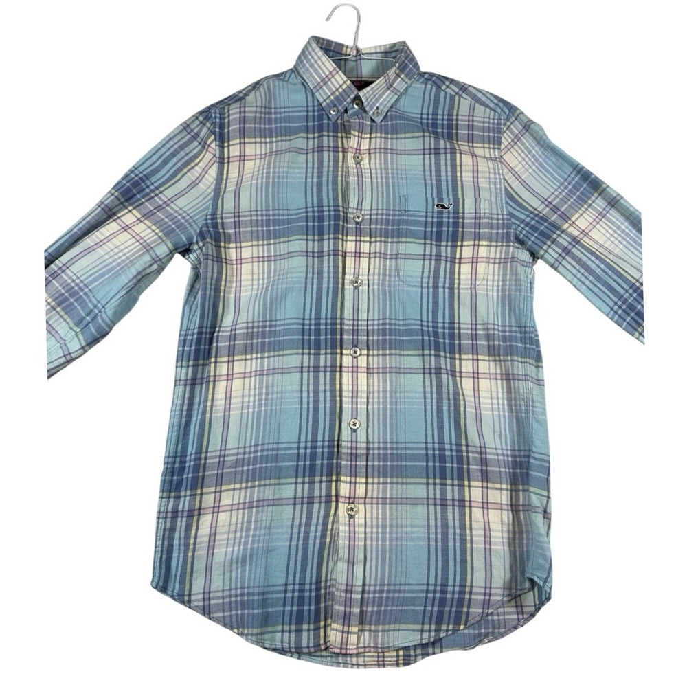 Vineyard Vines Mens XS Slim Fit Tucker Shirt Blue Plaid Cotton Linen Button Down
